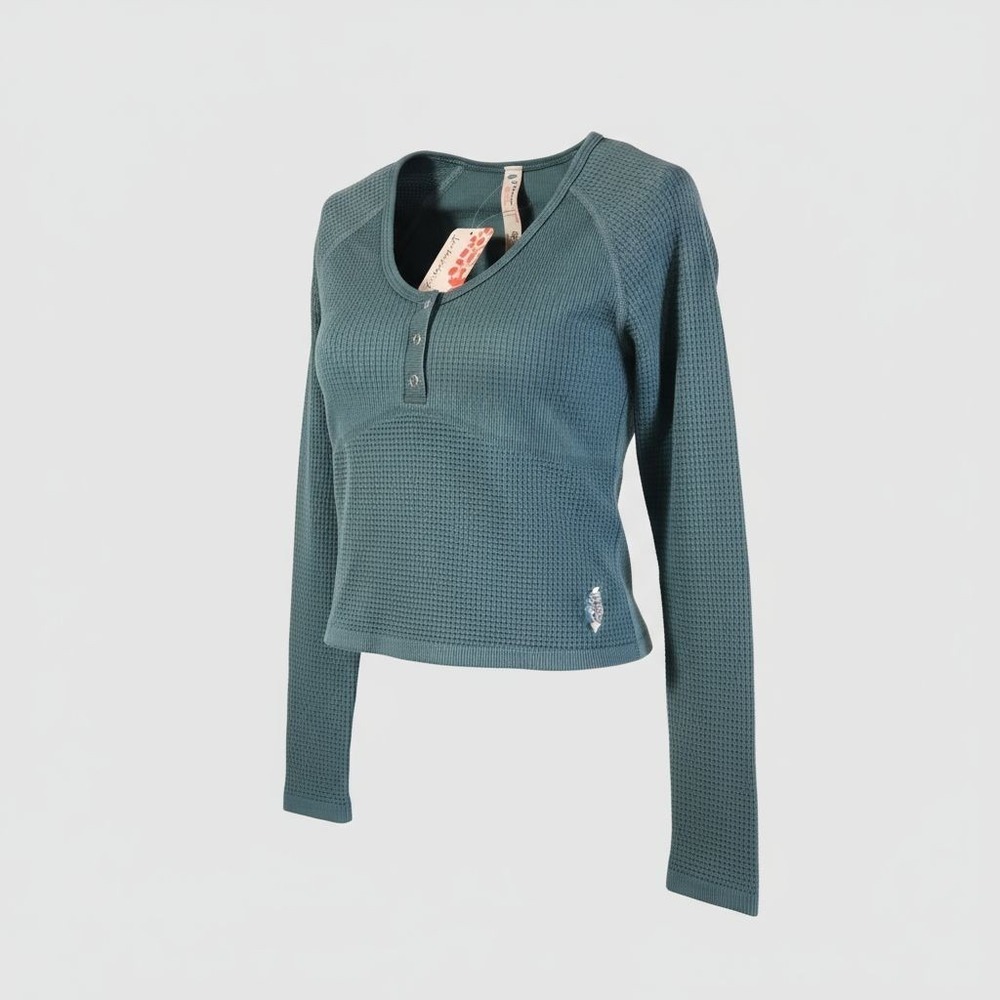 Free People Waffle Knit Henley Thermal‎ Top Midnight Jade  Size M/L NWT LS